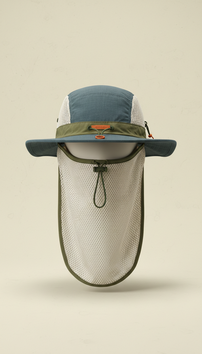 Technical sun-shielding angler's hat with neck cape